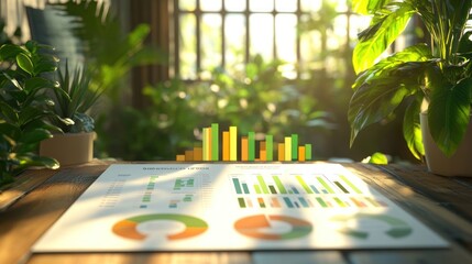 Aufkleber - A report with colorful graphs placed on a wooden table amidst sunlight and plants.