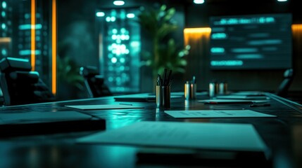 Poster - A modern conference room with a sleek table, stationery, and a digital display.