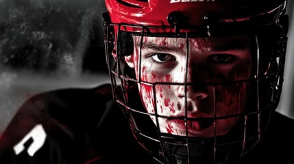 Poster - A close-up of a young hockey player with a fierce expression and blood-like paint on his face.