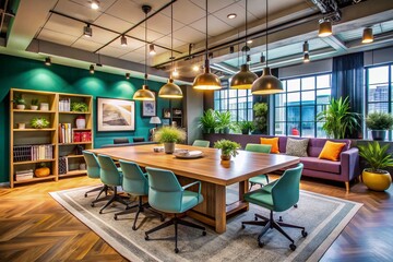 Wall Mural - A Contemporary Interior Design Studio Showcasing a Central Meeting Table Surrounded by Stylish Decor, Perfect for Creative Collaborations and Professional Gatherings