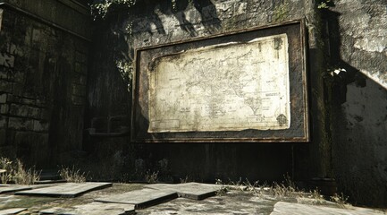 Poster - An old map displayed on a weathered wall in an overgrown environment.