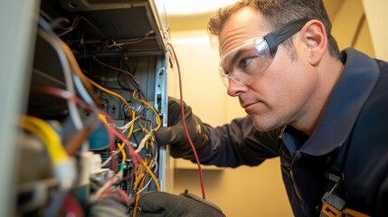 Aufkleber - An HVAC technician in protective goggles and gloves adjusting an air conditioning unit, with ducts and wiring visible in the background, HVAC maintenance scene