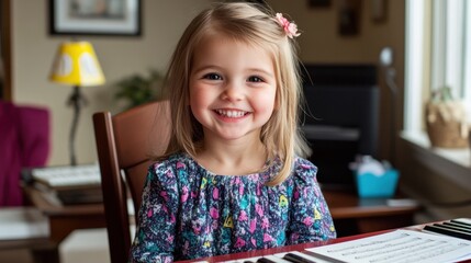 Aufkleber - A smiling young girl sits at a table, showcasing joy and innocence in a cozy indoor setting.