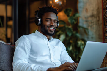 Poster - man wearing headphones is smiling while using a laptop. He is sitting on a couch and he is enjoying his work or entertainment