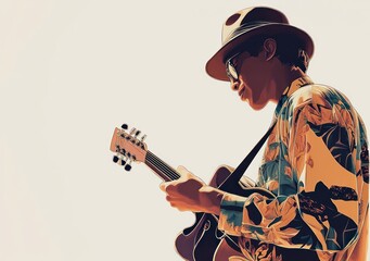 Poster - A musician in a floral shirt plays guitar, exuding a relaxed, artistic vibe.