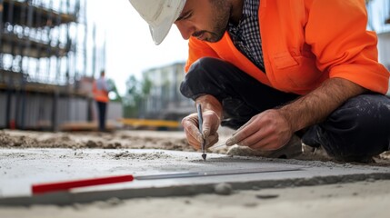Poster - An inspector examining concrete quality at a construction site with measuring tools, Concrete inspection scene, Quality assurance style