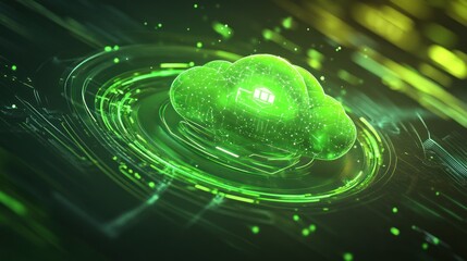 Fototapete - A glowing green cloud symbolizing digital storage and technology.