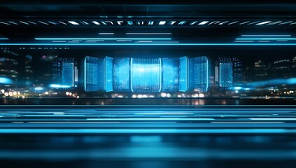 Aufkleber - Futuristic data center with glowing blue lights and sleek, modern design