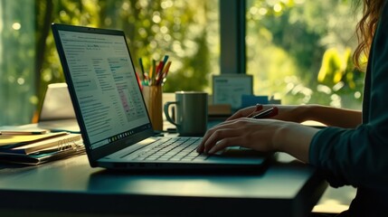 Poster - A person typing on a laptop at a desk surrounded by stationery and a coffee cup.
