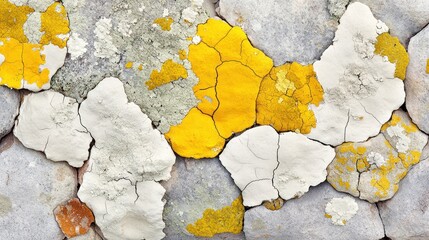 Aufkleber - A textured wall featuring cracked stones with yellow and white lichen patterns.