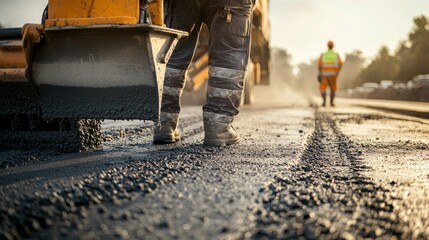 Poster - An intense close-up of a concrete finisher leveling freshly poured concrete on a highway construction project, Highway construction concrete finishing scene, Methodical and precise style