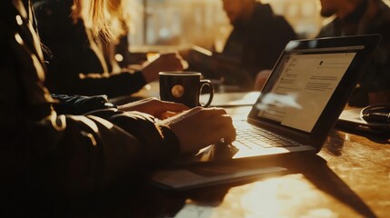 Leinwandbilder - A person typing on a laptop in a warm, cozy café setting with others in the background.