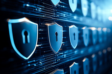 Poster - futuristic digital security concept with shield symbols featuring keyholes. represents cybersecurity