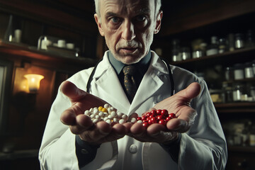 Wall Mural - man in a white lab coat holding two different colored pills. The man is a doctor or pharmacist, and the pills are likely for different purposes or medications