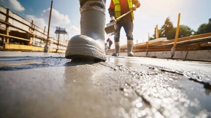 Poster - An intense close-up of a concrete finisher smoothing out freshly poured concrete on a bridge deck, Bridge construction scene, Methodical and precise style