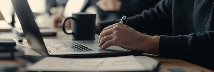 Aufkleber - A person working on a laptop at a desk with a coffee cup and sketches.