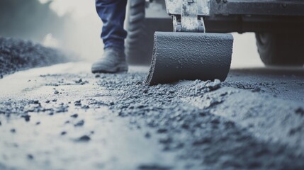 Poster - An intense close-up of a concrete finisher smoothing out freshly poured concrete on a dam construction site, Dam construction concrete pouring scene, Methodical and precise style