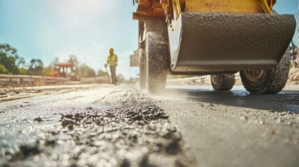 Poster - An intense close-up of a concrete finisher smoothing out freshly poured concrete on a dam construction site, Dam construction scene, Methodical and precise style