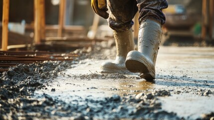 Poster - An intense close-up of a concrete finisher smoothing out freshly poured concrete on a highway construction site, Highway construction concrete finishing scene, Methodical and precise style