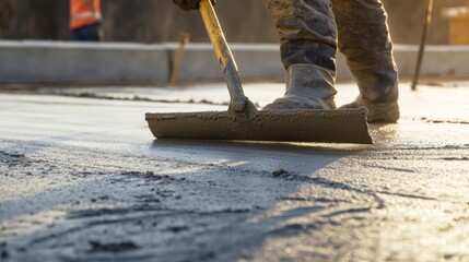 Poster - An intense close-up of a concrete finisher smoothing out freshly poured concrete on a dam construction site, Dam construction scene, Methodical and precise style