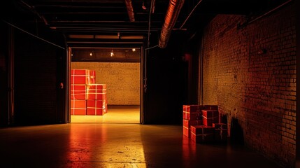 Poster - A dimly lit space featuring red gift boxes stacked, creating a warm, inviting atmosphere.