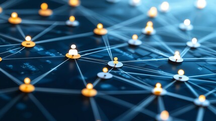 Poster - Illuminated network communication concept with digital nodes and connections symbolizing data exchange and advanced technology infrastructure on a dark blue background.