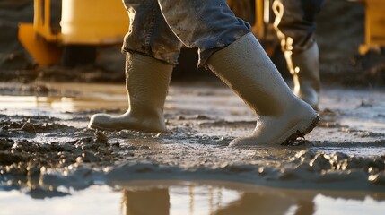Poster - An intense close-up of a concrete finisher smoothing out freshly poured concrete on a highway construction site, Highway construction scene, Methodical and precise style