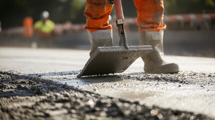 Poster - An intense close-up of a concrete finisher smoothing out freshly poured concrete on a highway overpass construction site, Highway construction scene, Methodical and precise style