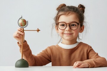 Aufkleber - A smiling girl holding a globe on a stand, symbolizing exploration and learning.