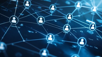 Poster - Illustration of a digital network with interconnected nodes and human icons symbolizing social media and communication in a virtual space