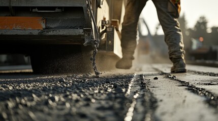 Poster - An intense close-up of a concrete finisher smoothing out freshly poured concrete on a highway overpass construction site, Highway construction scene, Methodical and precise style