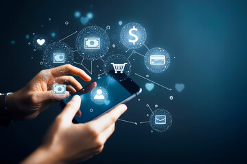 Poster - Innovative smartphone user interface showcasing digital connectivity, online transactions, and communication in a modern tech environment with glowing network icons.