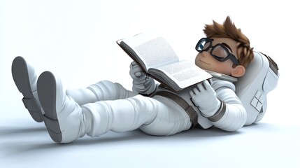 Aufkleber - A cartoon astronaut relaxing and reading a book, showcasing a blend of leisure and curiosity.