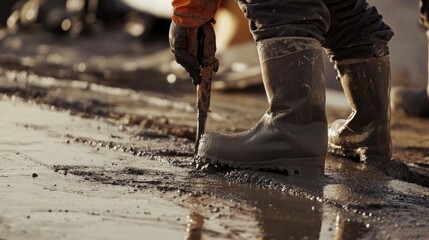 Poster - An intense close-up of a concrete worker finishing concrete on a dam rehabilitation project, Dam rehabilitation concrete finishing scene, Methodical and precise style