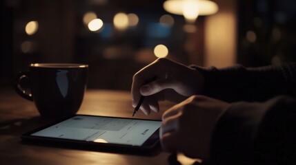 Poster - A person using a stylus on a tablet, with a cup nearby in a cozy, dimly lit setting.