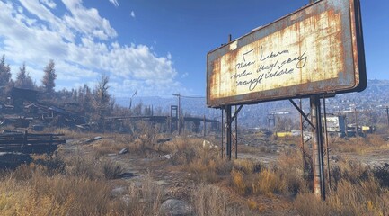Poster - A desolate landscape with a weathered billboard and overgrown vegetation in a post-apocalyptic setting.