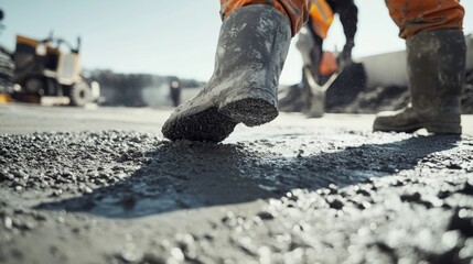 Poster - An intense close-up of a concrete worker finishing concrete on a dam repair project, Dam repair concrete finishing scene, Methodical and precise style
