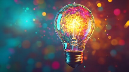 Poster - Glowing light bulb on colorful bokeh background. 3D rendering - Generated AI