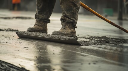 Poster - An intense close-up of a concrete worker smoothing concrete on a highway construction project, Highway construction concrete finishing scene, Methodical and precise style