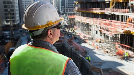Poster - An intense close-up of a construction foreman in a hard hat and safety vest, overlooking a busy construction site, Construction site scene
