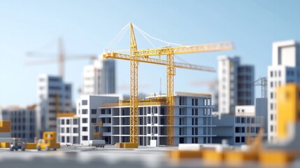 Poster - A yellow crane is in the middle of a city with tall buildings