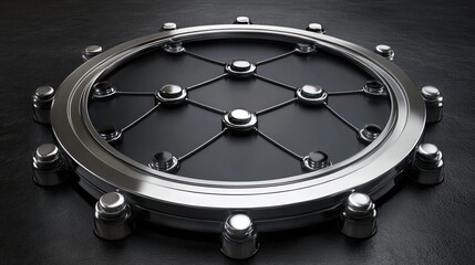 Poster - A metallic circular object with a grid pattern and rounded edges, possibly a design element.