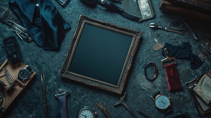 Poster - A flat lay of various tools, watches, and an empty ornate frame on a textured surface.