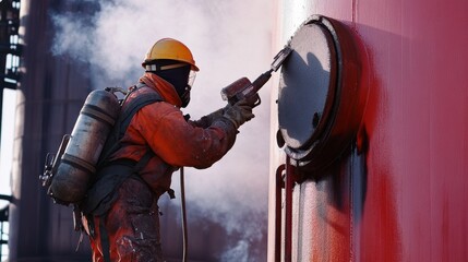 Poster - An intense close-up of an industrial painter applying fire-retardant coatings on steel structures at a refinery, Refinery fire protection coating scene, Methodical and protective style