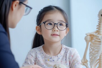 Poster - A young girl wearing glasses engages in a learning activity with a skeleton model.
