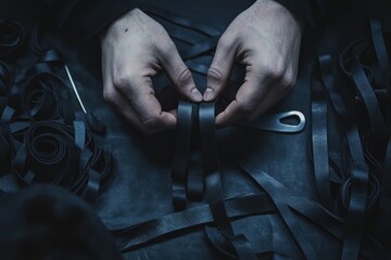 Poster - Hands crafting with black ribbons on a dark surface, showcasing intricate design work.