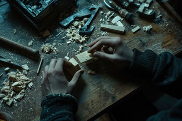 Poster - A craftsman carves wood pieces on a workbench, surrounded by shavings and tools.