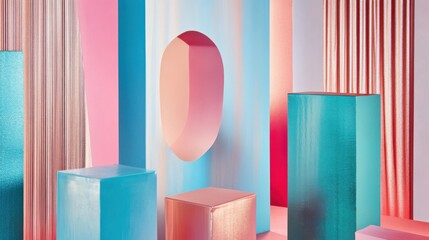 Poster - Abstract Geometric Art with Colorful Shapes and Textures in Pastel Tones, Featuring Blocks and Cut-Outs Against a Vibrant Background