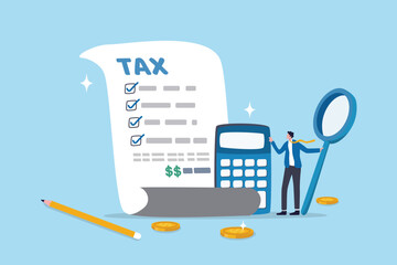 Tax planning, financial strategy for tax optimization, reduction or refund, income or revenue management, taxation or calculation concept, businessman with magnifying glass analyze tax plan document.