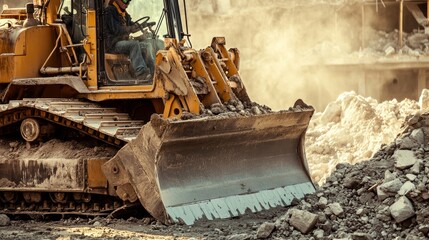 Poster - An intense shot of a heavy equipment operator inside a bulldozer, clearing debris at a construction site, Bulldozer operation scene